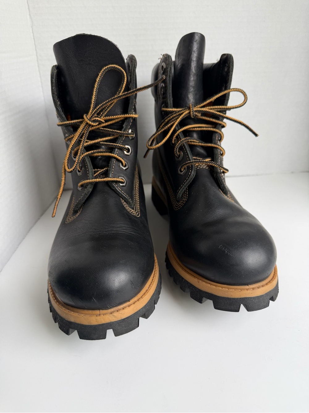 Mens Timberland Premium 6” Black Boots Sz 8 Smooth Leather Tan Stitching Work - Picture 3 of 15